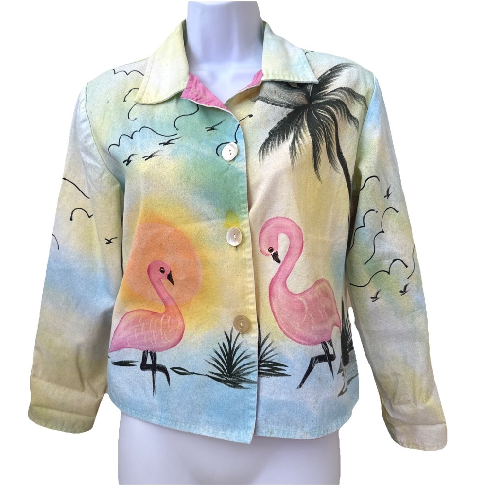 Alex Kin Flamingo Tropical Hand Painted Jacket Petite Sz S Pink Blue Sunset Palm